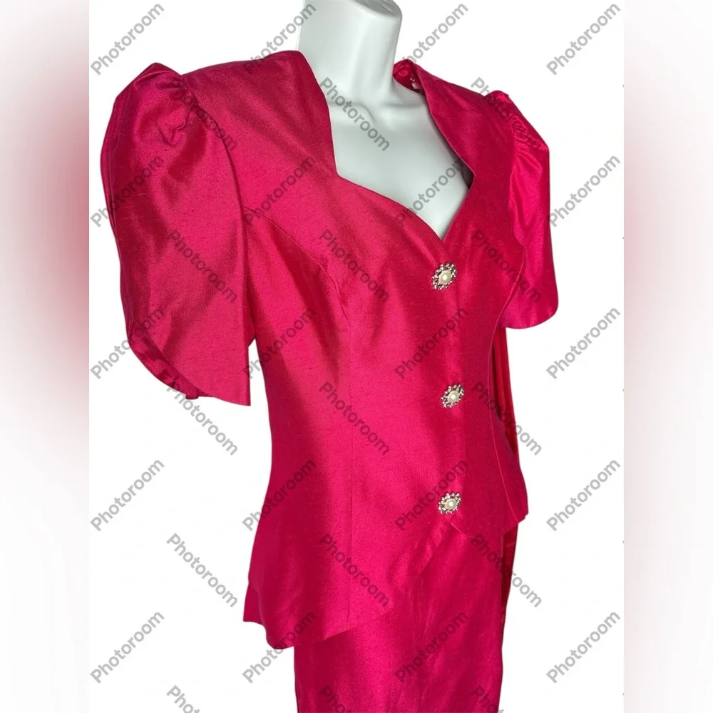 VINTAGE 1980s HOT PINK Formal Peplum Dress Skirt Set - M